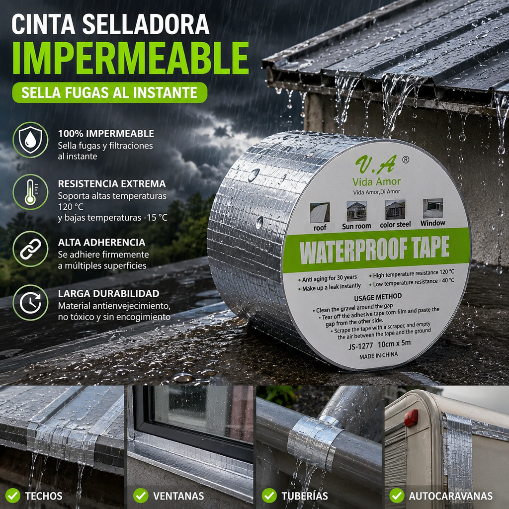 "Cinta selladora impermeable de butilo para techos, ventanas, tuberías y autocaravanas - 10cm x 5m"