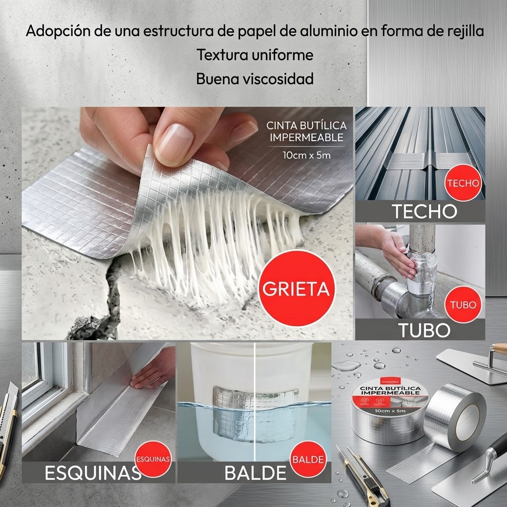 "Cinta butílica impermeable aplicada en grietas, techos, tubos y esquinas - 10cm x 5m"