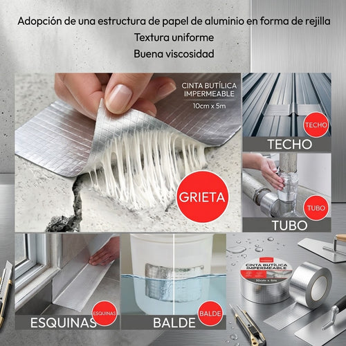"Cinta butílica impermeable aplicada en grietas, techos, tubos y esquinas - 10cm x 5m"