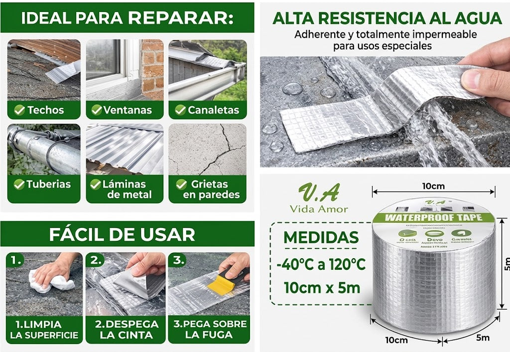 "Cinta tapa gotera butilo 10cm x 5m - resistente al agua, fácil de usar en 3 pasos"