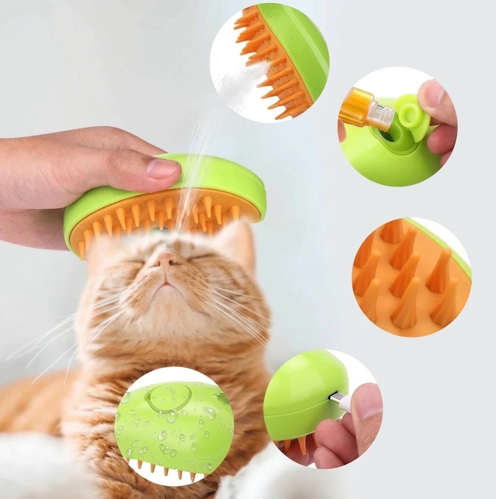 "Cepillo de vapor para gatos - hidratación por vapor, cerdas suaves, fácil limpieza"
